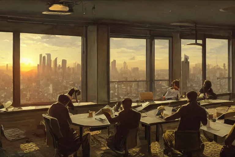 Image similar to monkey employees setting on glorious meeting room, papers and bananas scattered on the table, sunset, buildings and skyline showing from windows, fine art, artstation, matte painting, masterpiece by vasnetsov