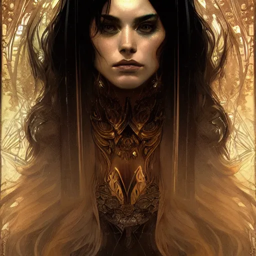 Image similar to photograpic portrait of a pretty dark sorceress, fantasy, ominous, intricate, elegant, highly detailed, digital painting, artstation, concept art, smooth, sharp focus, illustration, art by artgerm and greg rutkowski and alphonse mucha