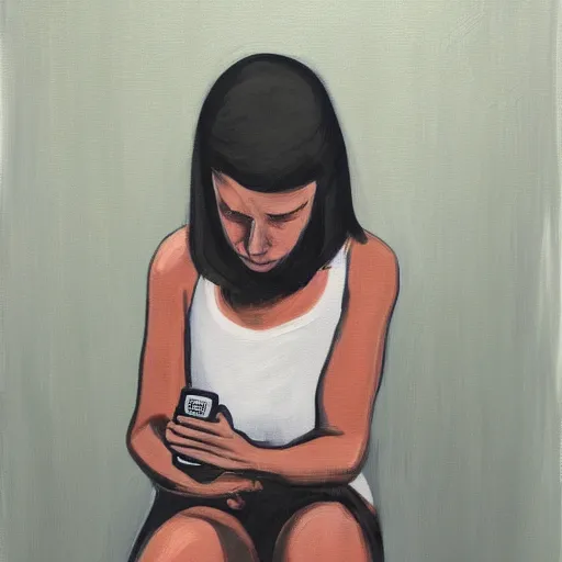 Image similar to painting of a person sitting on toilet scrolling through social media, sad, gloomy, dark