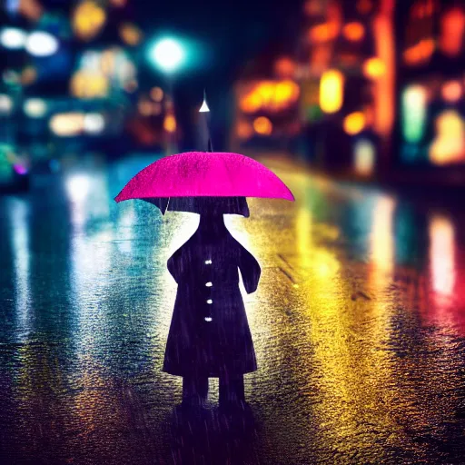 Image similar to portrait of an humanoid detective rabbit holding an umbrella, rainy night, city lights, sharp, focused photo