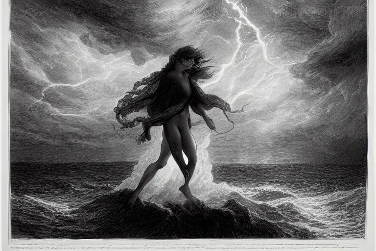 Image similar to black and white, young french woman illuminated by a beam of light through detailed stormy clouds in the sea, demons fly in background, Gustave Dore lithography