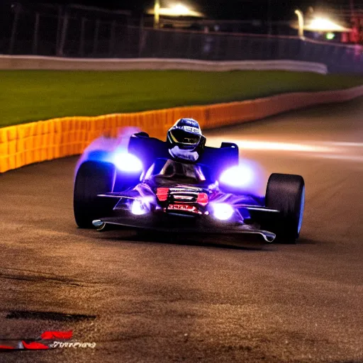 Image similar to go - kart racer taking a corner at speed on a race track, motion blur, laser, smoke, debris, fast movement, artistic angle, light streaks, dark mood, night time, ultra realistic