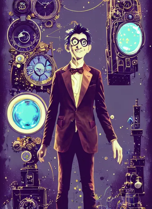 Image similar to arrogant elegant man travels through time via steampunk portals, pixiv fanbox, dramatic lighting, maximalist pastel color palette, splatter paint, pixar and disney exploded - view drawing, graphic novel by fiona staples and dustin nguyen, peter elson, alan bean, wangechi mutu, clean cel shaded vector art, trending on artstation