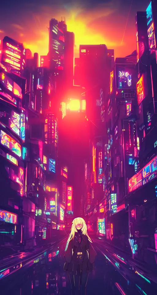 Image similar to anime, cyberpunk women, city, neon lights, glow, retrowave style, sunset,