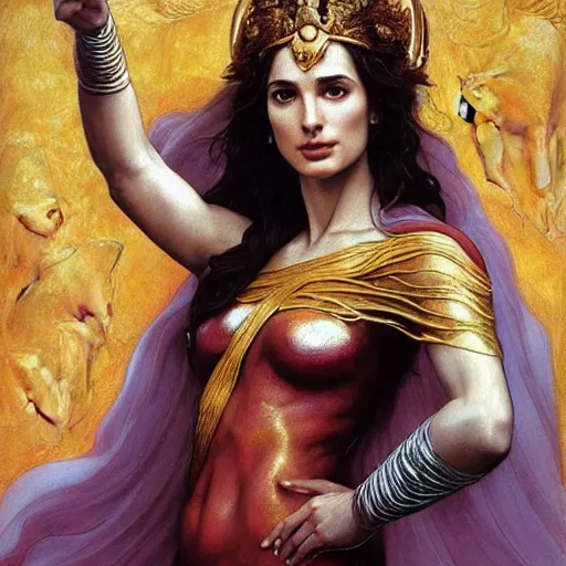 Image similar to Full body oil painting of the beautiful goddess Gal Gadot as hera, she is wearing roman clothes and a surreal jewelry, her hair is natural disheveled, she is approaching heaven over the clouds, naturalism, dramatic lighting, high-detailed oil painting by Ilya Repin, Michelangelo da Caravaggio, William Blake, Alex Grey and Beksinski, trending on Artsation, hystorical painting, naturalism, masterpiece, 4k, 8k,