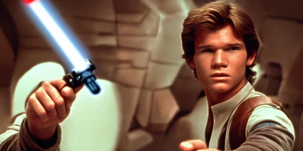 Image similar to A full color still from a film of a teenage Han Solo as a Jedi padawan holding a lightsaber hilt, inside a sci-fi building, from The Phantom Menace, directed by Steven Spielberg, 35mm 1990