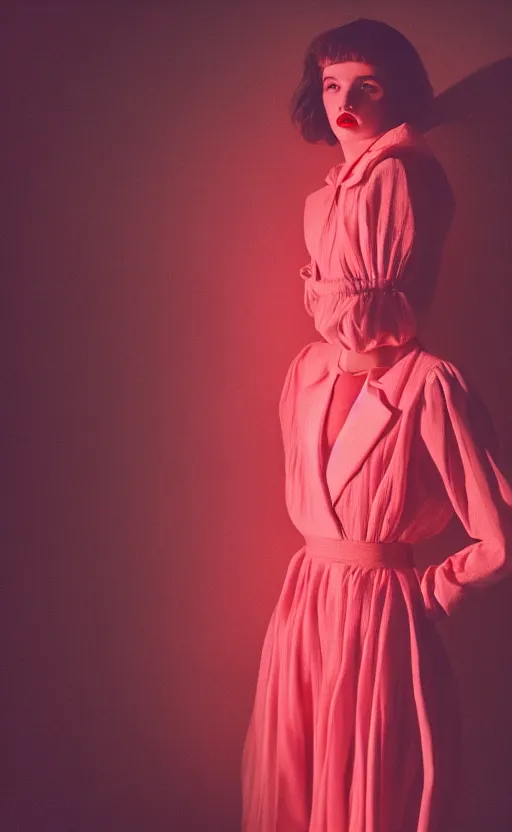 Image similar to fashion photography of a woman wearing an outfit inspired by stranger things ( 2 0 1 6 ), artistic photography, cinematic lighting, insanely detailed, chiaroscuro, cinestill 8 0 0 t, vogue magazine