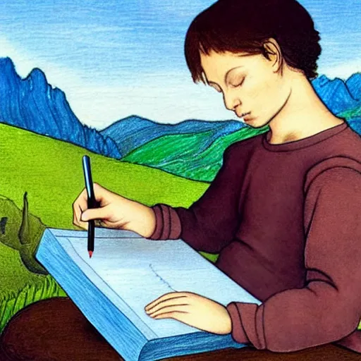Prompt: brunette boy with his eyes closed, drawing sketches on his notebook, colorful painting, elegant, clear, in the style of leonardo da vinci, mountains in the background, masterpiece,