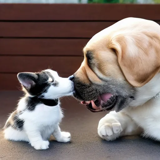 Prompt: a dog kissing a cat
