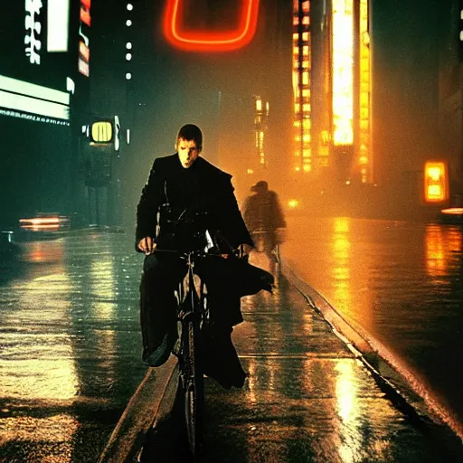 Image similar to action shot of Deckard from Blade Runner (1982) riding a bicycle neon cityscape cyberpunk rain night crowded streets