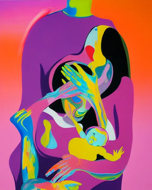 Image similar to woman holding a baby, an ultrafine detailed painting by peter max and francis bacon and fiona rae and maryam hashemi and hernan bas and anna mond and max gubler, featured on deviantart, metaphysical painting, neo expressionism, pop surrealism, melting paint, biomorphic, mixed media, photorealistic, dripping paint, palette knife texture, masterpiece