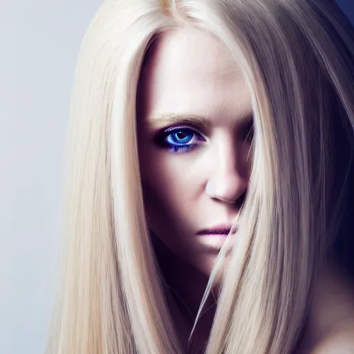 Prompt: portrait of a woman with long blonde hair, blue eyes, straight hair, white clothes, professional photograph, highly detailed, beautiful face, elegant, 8k, dramatic lighting, trending, hd,