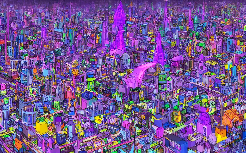Prompt: plastic toy city potemkin fantastical cityscape, award winning digital art, ultraviolet color palette