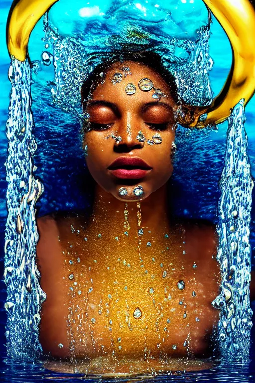 Image similar to hyperrealistic cinematic super expressive! oshun goddess immersed in water!, droplets dripping, gold ornate body jewely, highly detailed face, digital art masterpiece, smooth eric zener cam de leon, dramatic pearlescent turquoise light on one side, low angle uhd 8 k, shallow depth of field