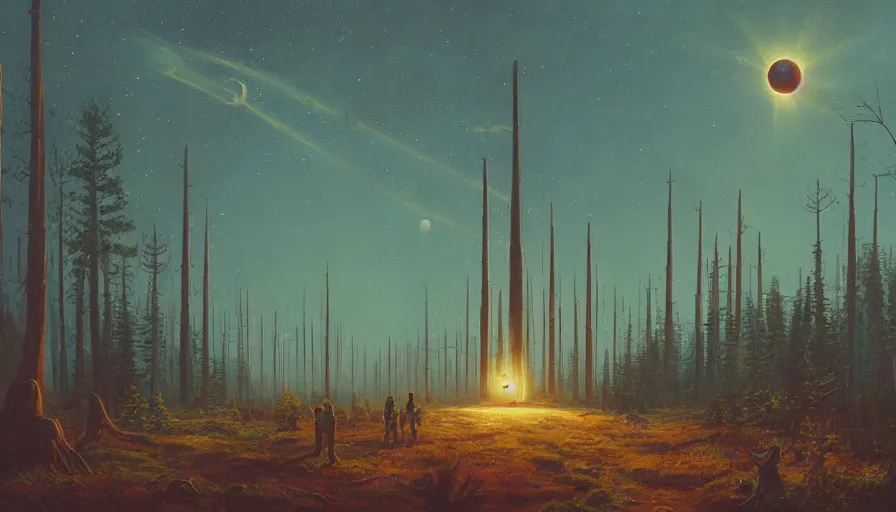 Prompt: space communication dish, sun in the sky, early morning, forest in the background, simon stalenhag