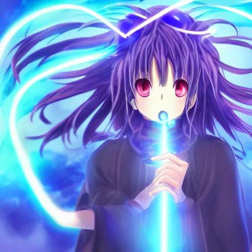 Image similar to a beautiful anime character wizard with free flowing hair holding a staff that has a glowing blue orb at the head of it high detail, high resolution