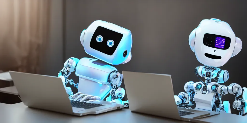 Prompt: a cute robot dreaming of a widely spaced deep blue neural network robotically typing hashtags on a laptop
