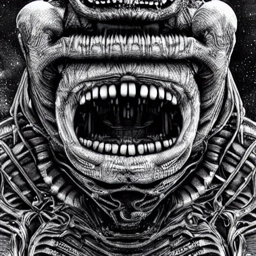 Image similar to space alien, slimy, glossy, sharp teeth, by h. r. giger, nightmare fuel, nightmarish, intricate, highly detailed, optical illusion, stranger things demogorgon, cave lighting, flickering