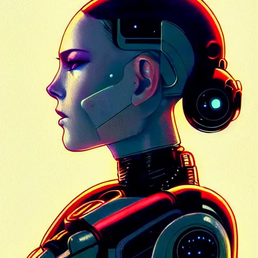 Image similar to side portrait scifi cyborg girl with robotic parts and spacesuit | | head only in center of image, audrey plaza, fine detail!! anime!! realistic shaded lighting!! poster by ilya kuvshinov katsuhiro otomo ghost - in - the - shell, magali villeneuve, artgerm, jeremy lipkin and michael garmash and rob rey