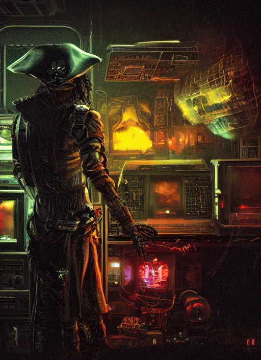 Prompt: a cyberpunk hacker pirate captain skeleton with a pirate hat sitting in front of a huge old crt monitor in a dark room, only light coming from crt monitor, highly detailed, intricate, digital art, trending on artstation, trending on cgsociety, by greg rutkowski