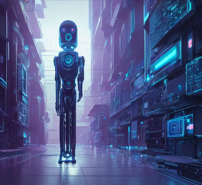 Image similar to hyperrealism stock photography of highly detailed stylish robot in cyberpunk sci - fi style by gragory crewdson and vincent di fate, mike winkelmann with many details by josan gonzalez working at the highly detailed data center by mike winkelmann and laurie greasley hyperrealism photo on dsmc 3 system rendered in blender and octane render