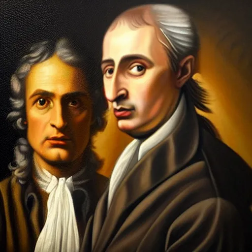 Prompt: a realistic classical painting of sir isaac newton and tupac shakur, chillin at the club together, oil on canvas, brilliant detail, exquisite