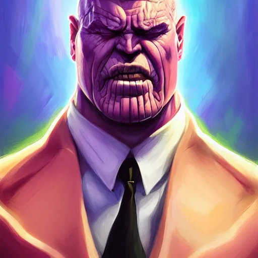 Prompt: Portrait of the mobster Thanos by Mandy Jurgens