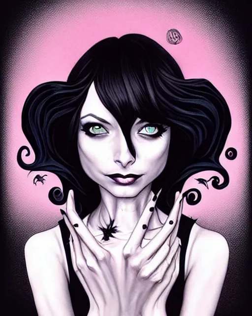 Image similar to style of kelly mckernan, artgerm : : gorgeous willa holland : : evil witch, swirling black magic, black dress : : symmetrical face, symmetrical eyes : : full body pose : : gorgeous black hair : : magic lighting, low spacial lighting : :