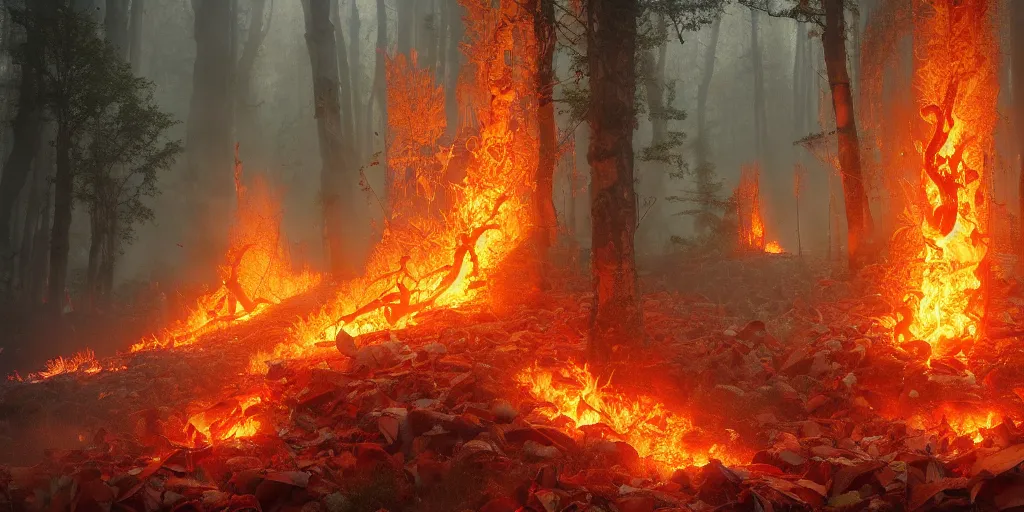 Prompt: a flaming forest, flaming leaves, magma, flame stones are scattered, flame ferns, flame shrubs, huge flame fantasy plant, covered in flame porcelain vine, artstation, by jakub rozalski, greg rutkowski, anthony avon