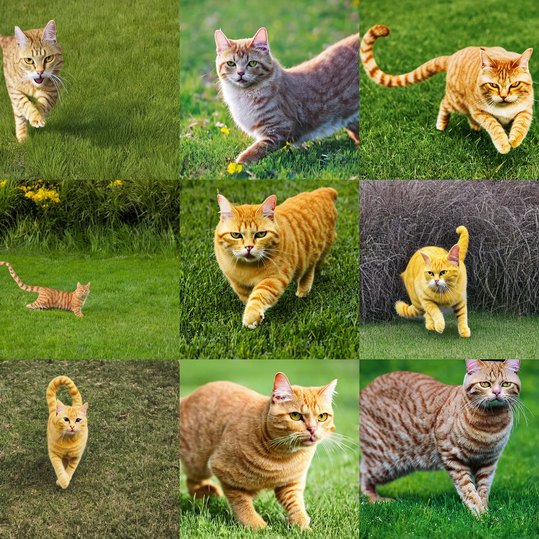 Prompt: a very yellow cat walking on grass