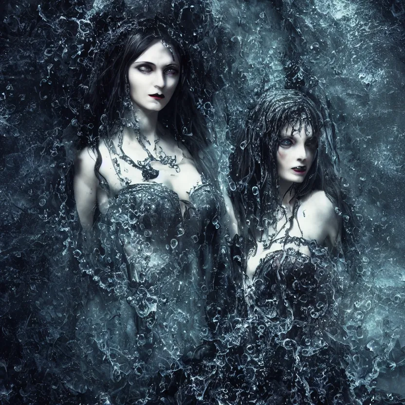 Image similar to A portrait of a Gothic goddess of water jewels in an empty land, dark and mysterious, lively atmospheric, cinematic, 8k, 4k, ultra detail, ultra-realistic, rendered by DeviantArt