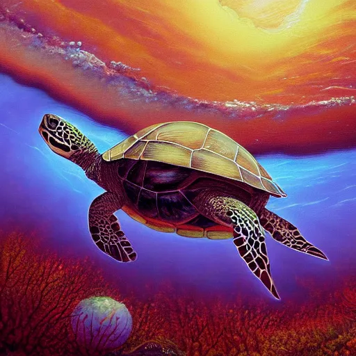 Image similar to a beautful visionary painting of a turtle swimming underwater, by gilbert williams, artstation