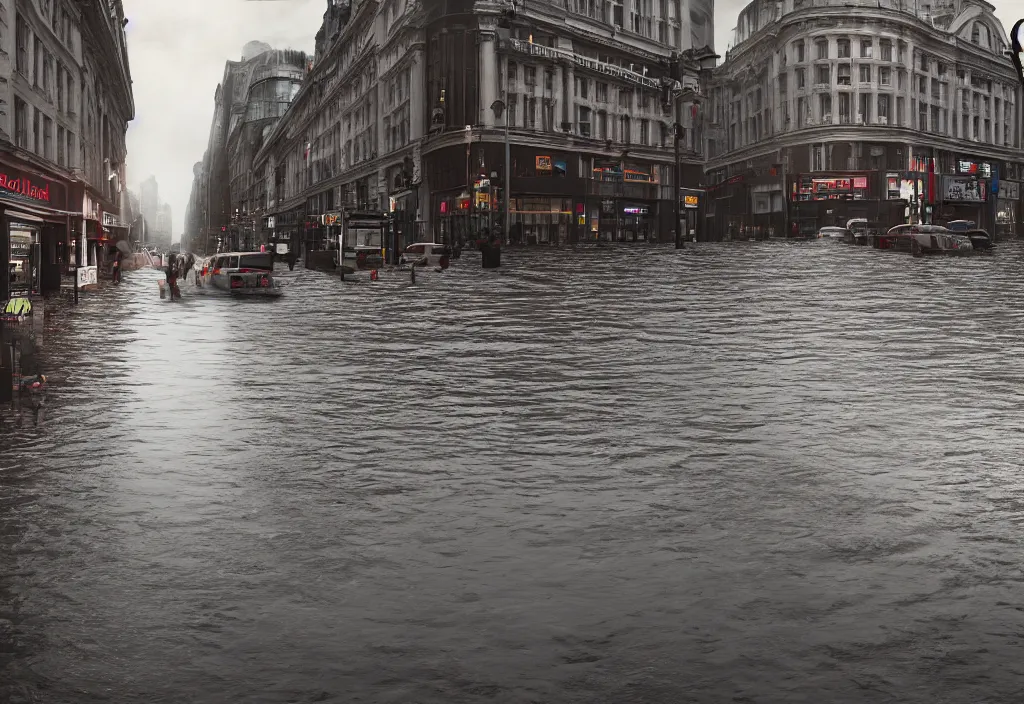 Image similar to kodak portra 4 0 0 photographic and realistic, oxford circus, detailed, octane render, unreal engine, 4 k, artstation, hyper realistic, wide angle, floor flooded, how a river, objects that float, 3 5 mm, sharp focus, soft light, volumetric light fog, in the style of gregory crewdson