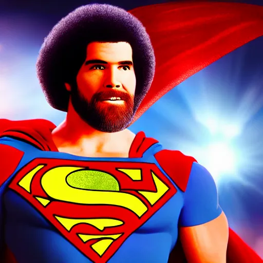 Image similar to bob ross as superman, cinematic lighting. 4 k.