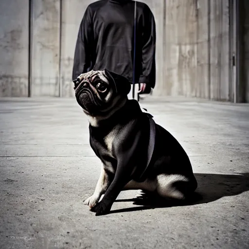 Prompt: portrait of a pug as a rick owens model, darkwear, techwear, goth pug, photo