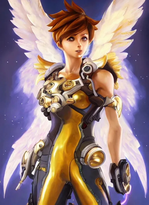 Image similar to full body oil painting of tracer overwatch in the style of sophie anderson, angel wings, angelic golden armor, dramatic painting, symmetrical composition, ornate, high detail, gold detailed collar, gold collar, gold choker, blooming, lights, flowers, detailed face,