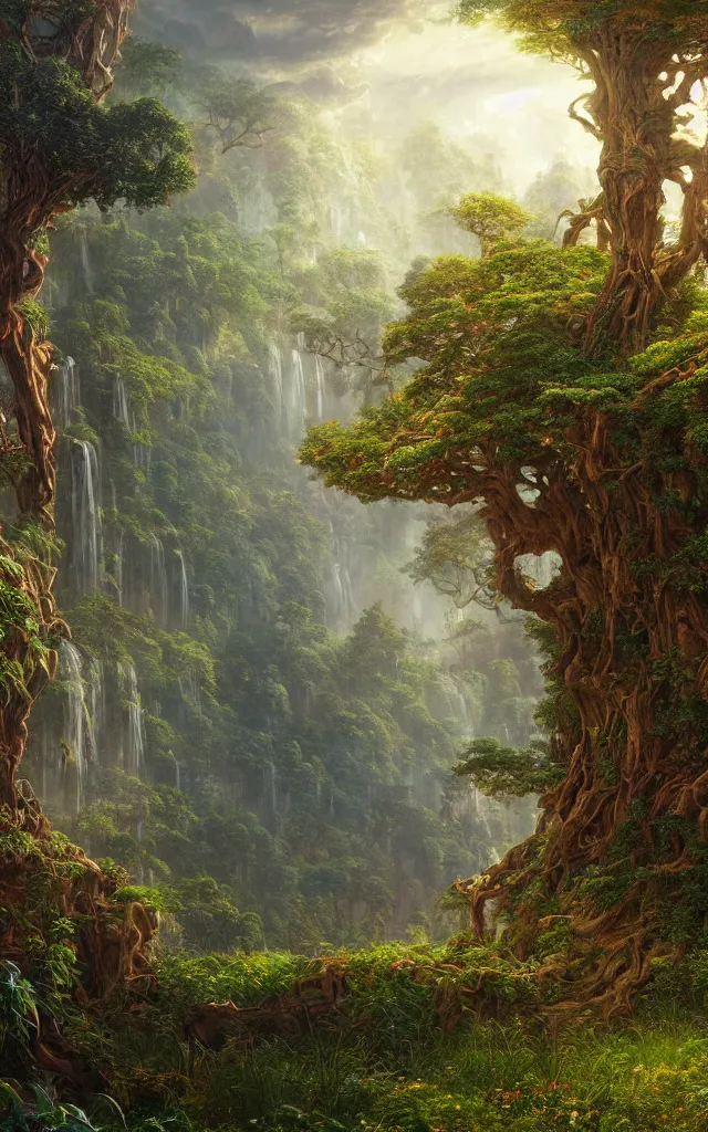 Prompt: beautiful hyper realistic detailed matte painting of fantasy tree of life in garden of eden, hd, hdr, by Moebius and John Howe and Albert Bierstadt and Alena Aenami, cinematic, 8k, ultra detailed, high resolution