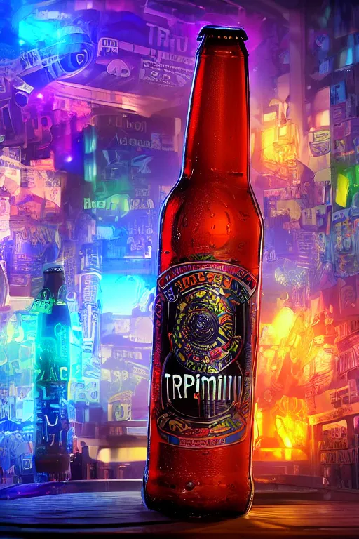 Prompt: advertise photo of a beer bottle, beer is called tripmachine, realistic digital art, label on the bottle is printed with a 3 d render of a huge futuristic steampunk generator, 8 k, fluorescent colors, halluzinogenic, multicolored, exaggerated detailed, unreal engine