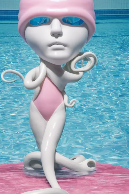 Prompt: full head and shoulders, beautiful porcelain female person, smooth, delicate facial features, big detailed eyes, white lashes, wearing a pale blue swimming cap and pale pink swimming costume, 3 d white large octopus tentacles, standing in a pastel soviet swimming pool, by daniel arsham and james jean