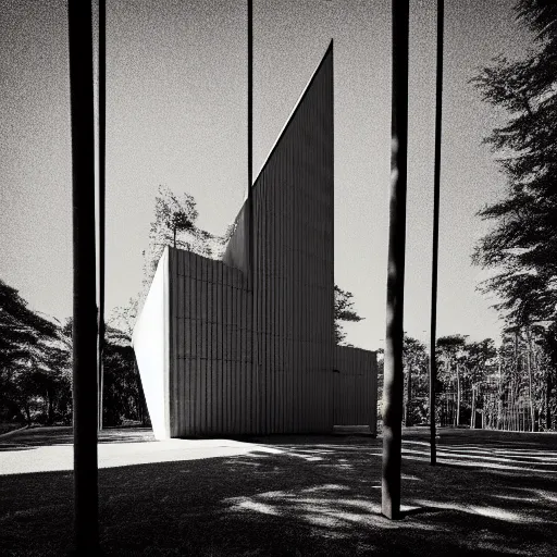 Prompt: hyperrealistic highly detailed modern church by tadao ando in the tropical wood, mystic, melancholy, pinhole analogue photo quality, lomography, scratches on photo, noise effect, blur effect, black and white color photograph, photorealistic shot, monochrome