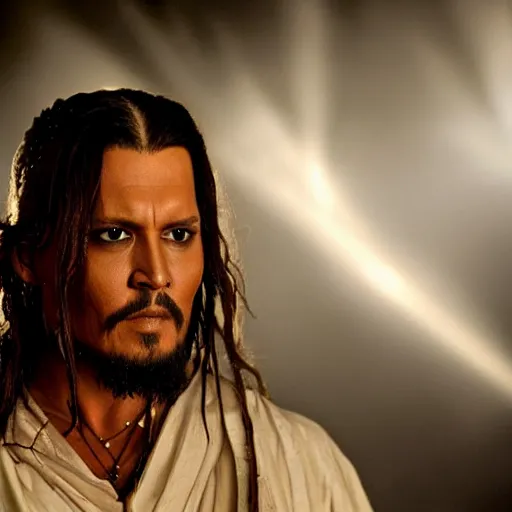 Image similar to stunning awe inspiring johnny depp as the jesus christ, movie still 8 k hdr atmospheric lighting