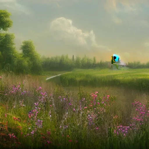 Image similar to a matte painting of a prairie, cottage close up, river, overgrown, patchy flowers, oil painting, pale colors, high detail, 8 k, wide angle, trending on artstation,