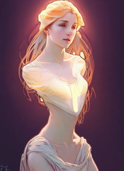 Image similar to digital character concept art by artgerm and greg rutkowski and alphonse mucha. clear portrait of a modern young wife blessed by god to uncontrollably grow overwhelmingly perfect!! blonde, in clothes! feminine well - formed holy body!! light effect. hyper detailed, glowing lights!! intricate, elegant, digital painting, artstation, smooth, sharp focus