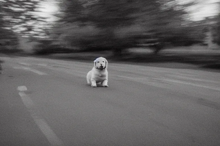 Image similar to out of focus photograph of a puppy in the front yard, cars can be seen traveling across the road, long exposure time, amateur photography, bad composition, bad color grading