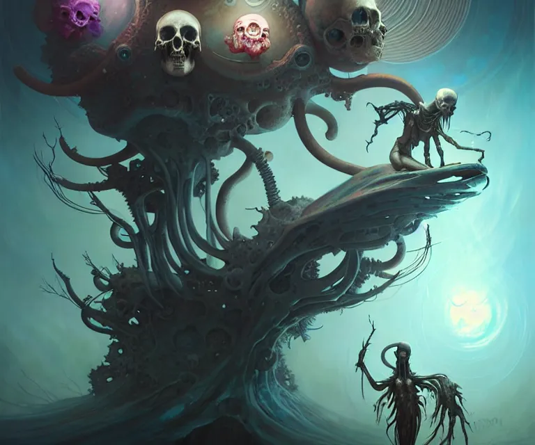 Image similar to mix media, biomecanical cyber alian of the whiched,, artwork by charlie bowater and tom bagshaw, insanely detailed, artstation, psychedelic art. atoms surrounded by skulls and spirits deep under the sea, horror, sci - fi, surrealist painting, by peter mohrbacher anato finnstark