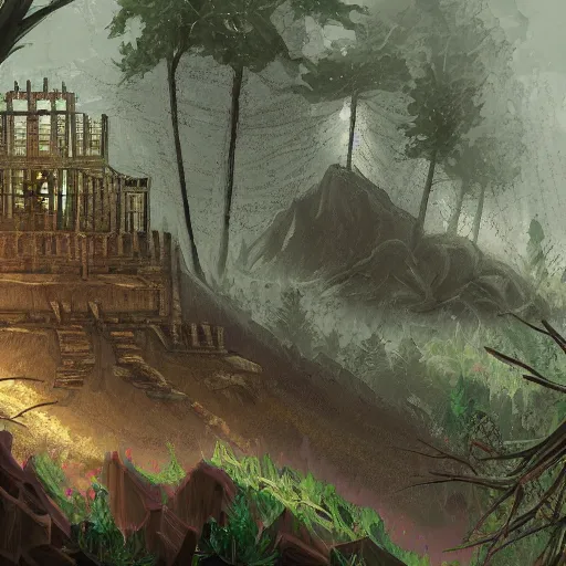 Prompt: hermetic fortress, forest background, concept art