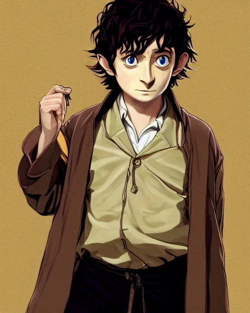 Image similar to portrait Anime joyful Elijah Wood as Hobbit Frodo Baggins; velvet brown jacket, backpack, Shire background || cute-fine-face, pretty face, realistic shaded Perfect face, fine details. Anime. realistic shaded lighting by Ilya Kuvshinov katsuhiro otomo ghost-in-the-shell, magali villeneuve, artgerm, Jeremy Lipkin and Michael Garmash and Rob Rey