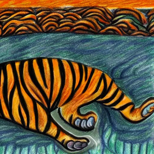 Image similar to drawing of a tiger cubs floating upside down in a pond of black oil, outsider art style