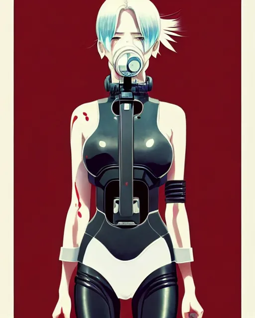 Prompt: white haired cyborg girl wearing gas mask and red dress | | audrey plaza, fine detail!! anime!! realistic shaded lighting!! poster by ilya kuvshinov katsuhiro otomo ghost - in - the - shell, magali villeneuve, artgerm, jeremy lipkin and michael garmash and rob rey