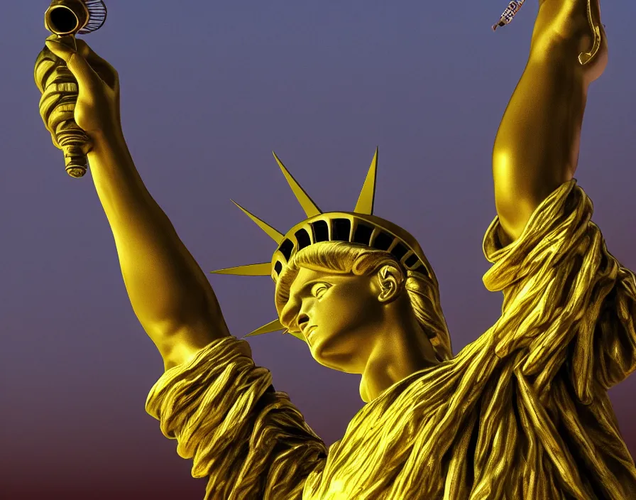 Image similar to statue of liberty but it's made from gold and sing a rap with diamond microphone, beautiful graphics, fantasy artwork, very beautiful scenery, hd, hdr, ue 5, ue 6, unreal engine 5, cinematic 4 k wallpaper, 8 k, ultra detailed